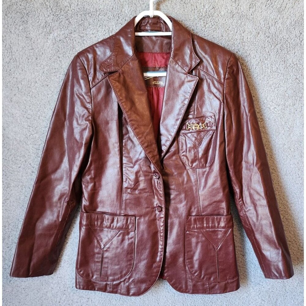 Vtg 70s Etienne Aigner Button Up Jacket Coat Leather Oxblood Red Burgundy Sz 14